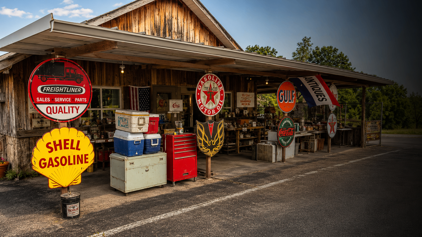 Rivers Edge Pickers storefront with vintage Shell, Texaco, and Gulf signs